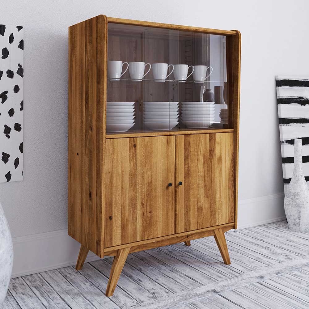 Wildeiche Mid Century Vitrinenschrank mit zwei Glastüren und Holzschrankteil – Hardus