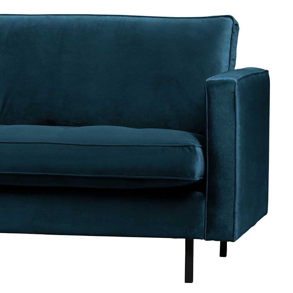 Seitenansicht des blauen Polstersofas mit gerader Armlehne und Metallfuß Detail – Cumagon