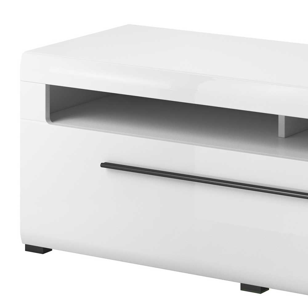 Weißes hochglänzendes TV Board mit geschlossener Schublade und elegantem schwarzen Griff – Baranoma
