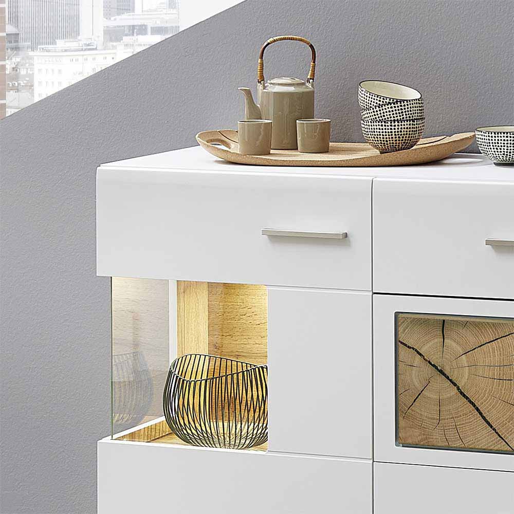 Modernes weißes Sideboard mit integrierter LED-Beleuchtung und Glasvitrinenfach – Lisepio