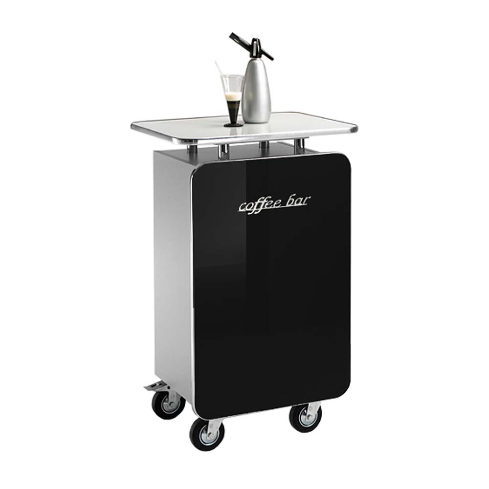 Mobile Kaffeebar Rolltheke in Schwarz mit weißer Milchglasplatte und Rollen – Gertrica