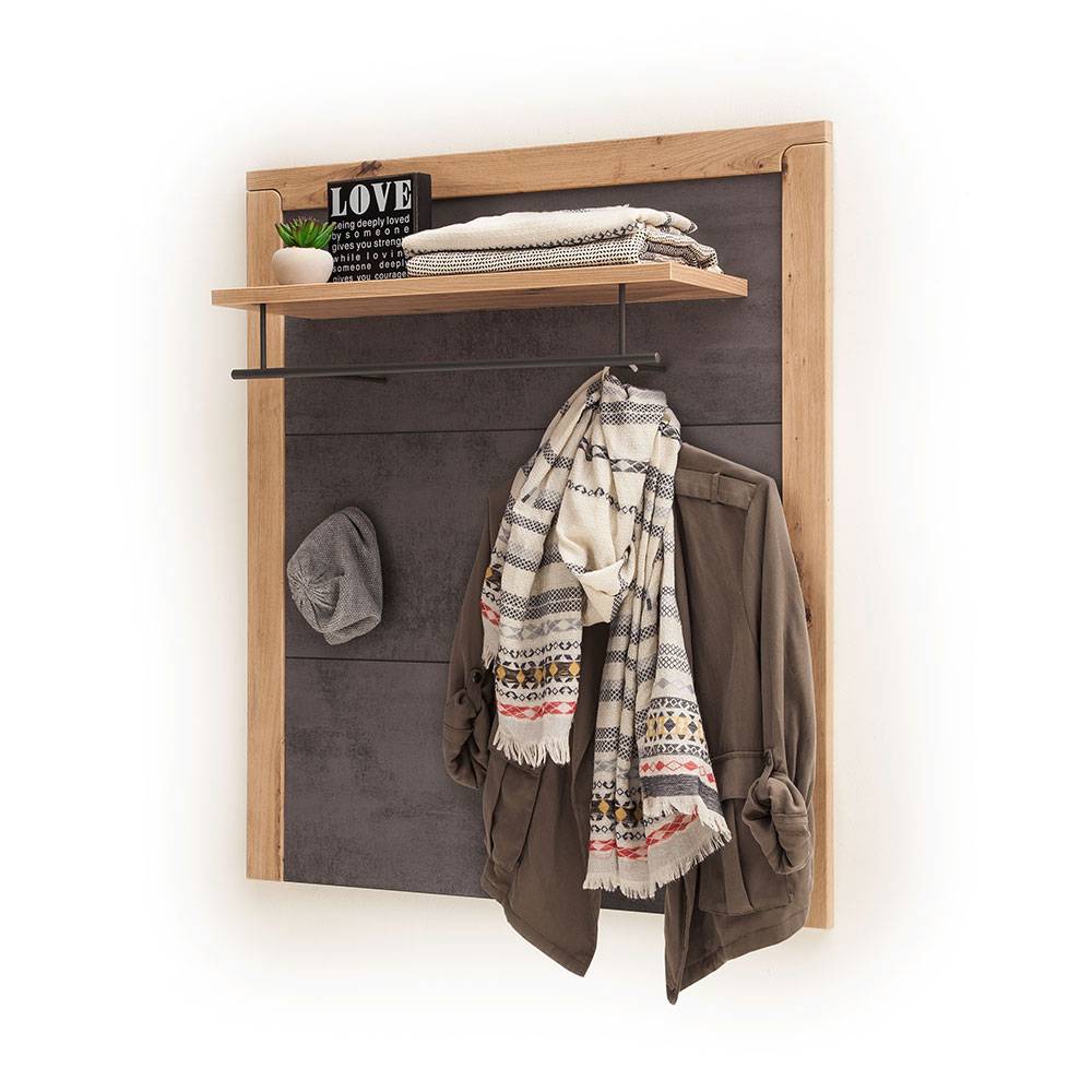 Hängegarderobe mit Ablagefläche, Kleiderstange und drei Haken in Dunkelgrau und Wildeiche – Carry
