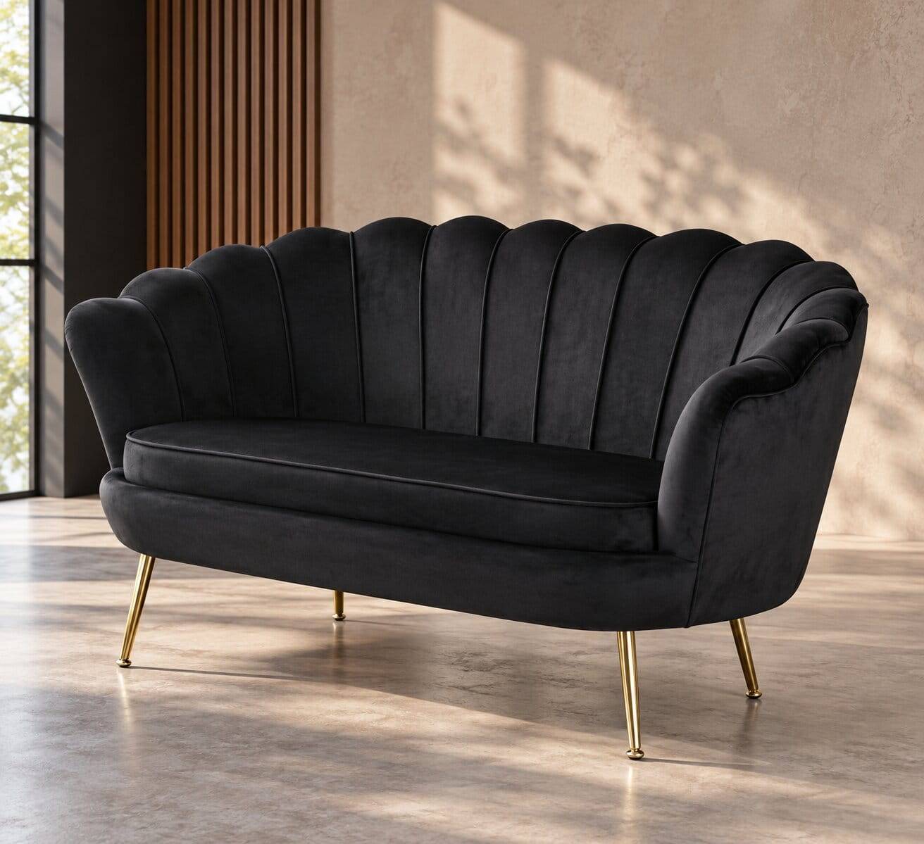 Muscheldesign Sofa in Schwarz & Gold - Vanskupa