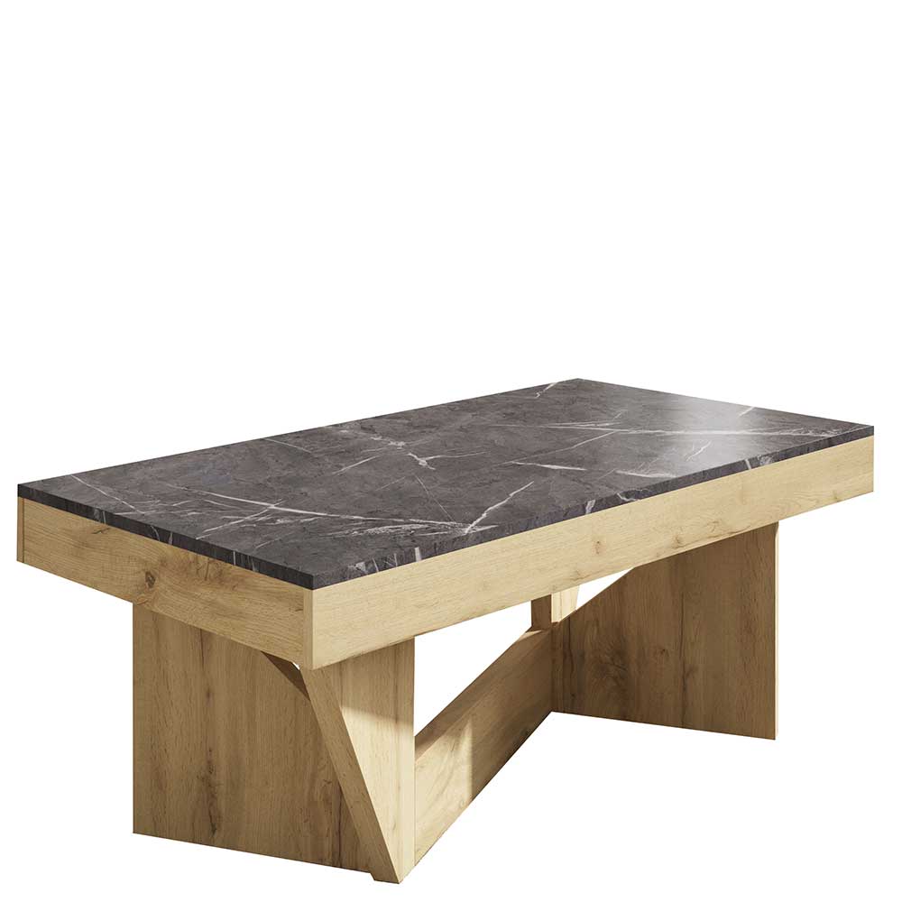 Eleganter Couchtisch mit grauer Marmor Optik und heller Holzfarbe auf weißem Hintergrund – Lennilia