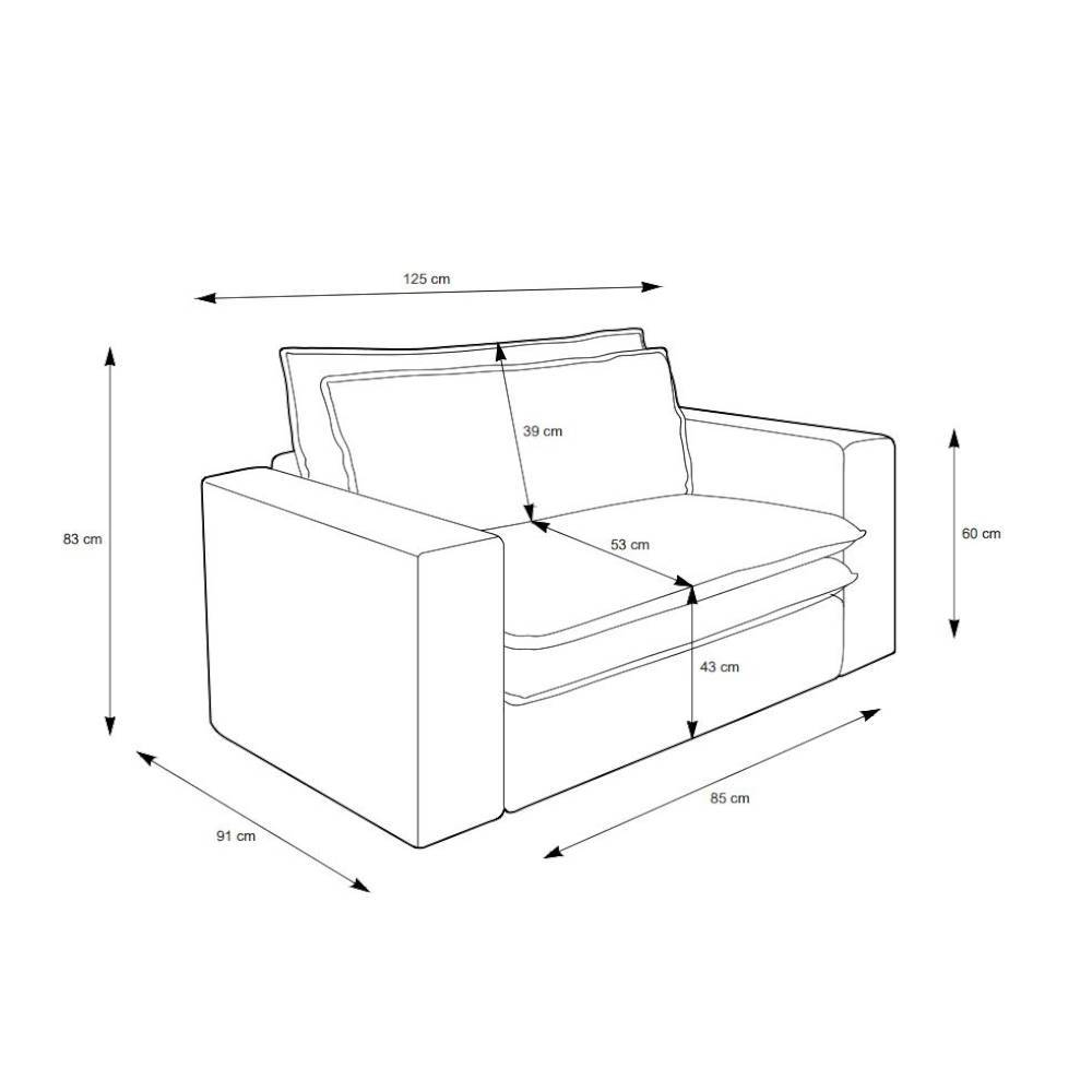 Maße des beigen Cord Sessels, 91 cm tief, 85 cm breit und 83 cm hoch – Jony