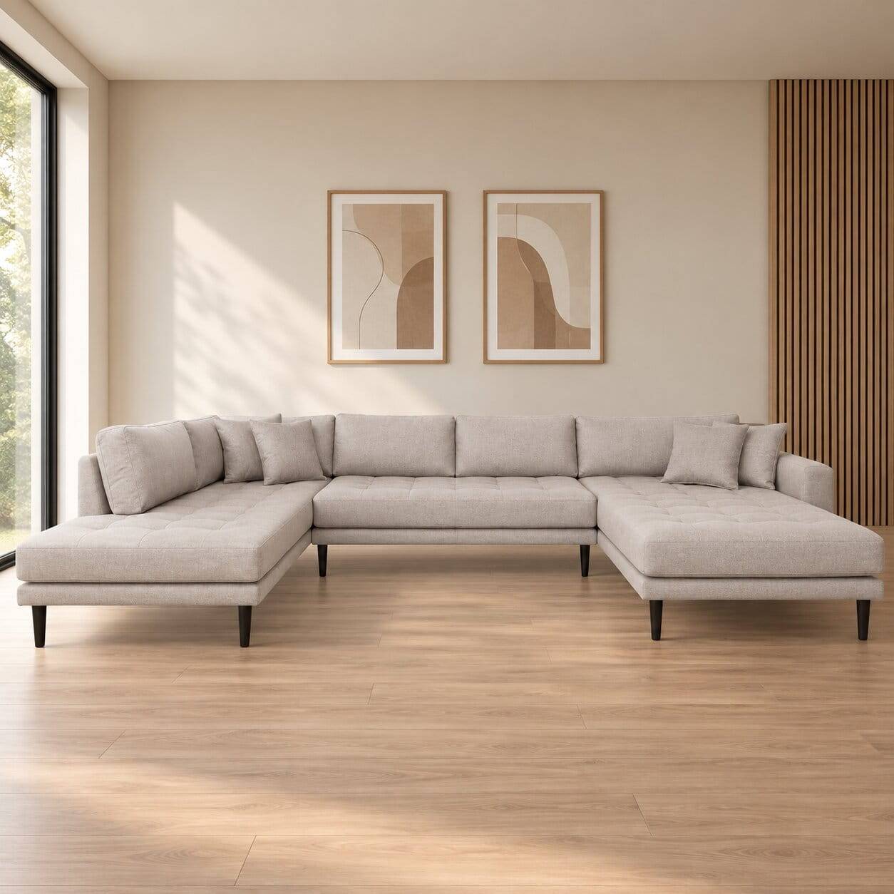 Skandi U-Form Couch in Beigegrau Stoffbezug - Gorgona