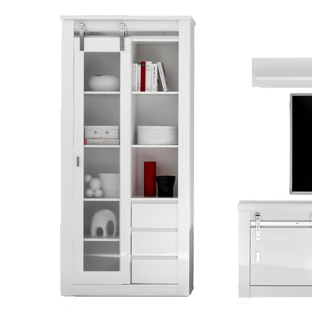 Weiße moderne Vitrine mit Glastür und drei Schubladen für das Wohnzimmer – Memphys