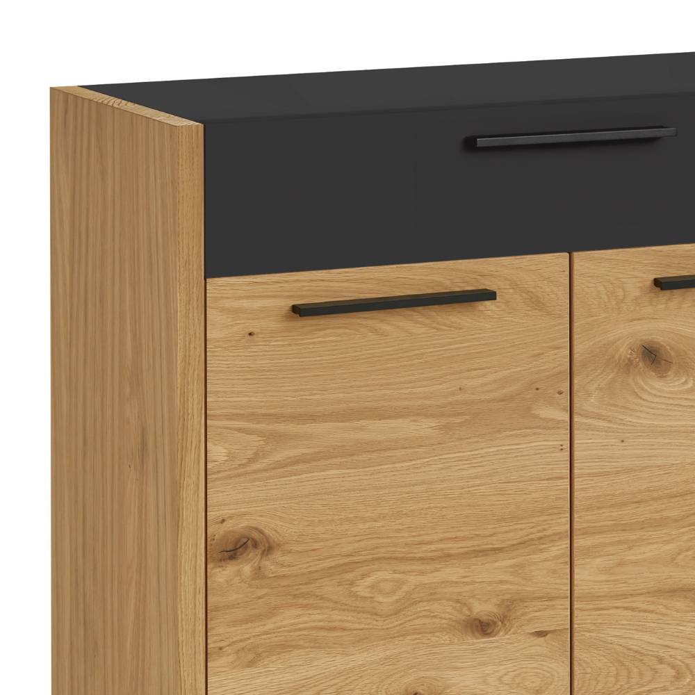 Flurschrank mit schwarzer Hochglanz-Schublade und Eiche-Holzoptik-Seitenwänden, inklusive Griffen – Lavenci