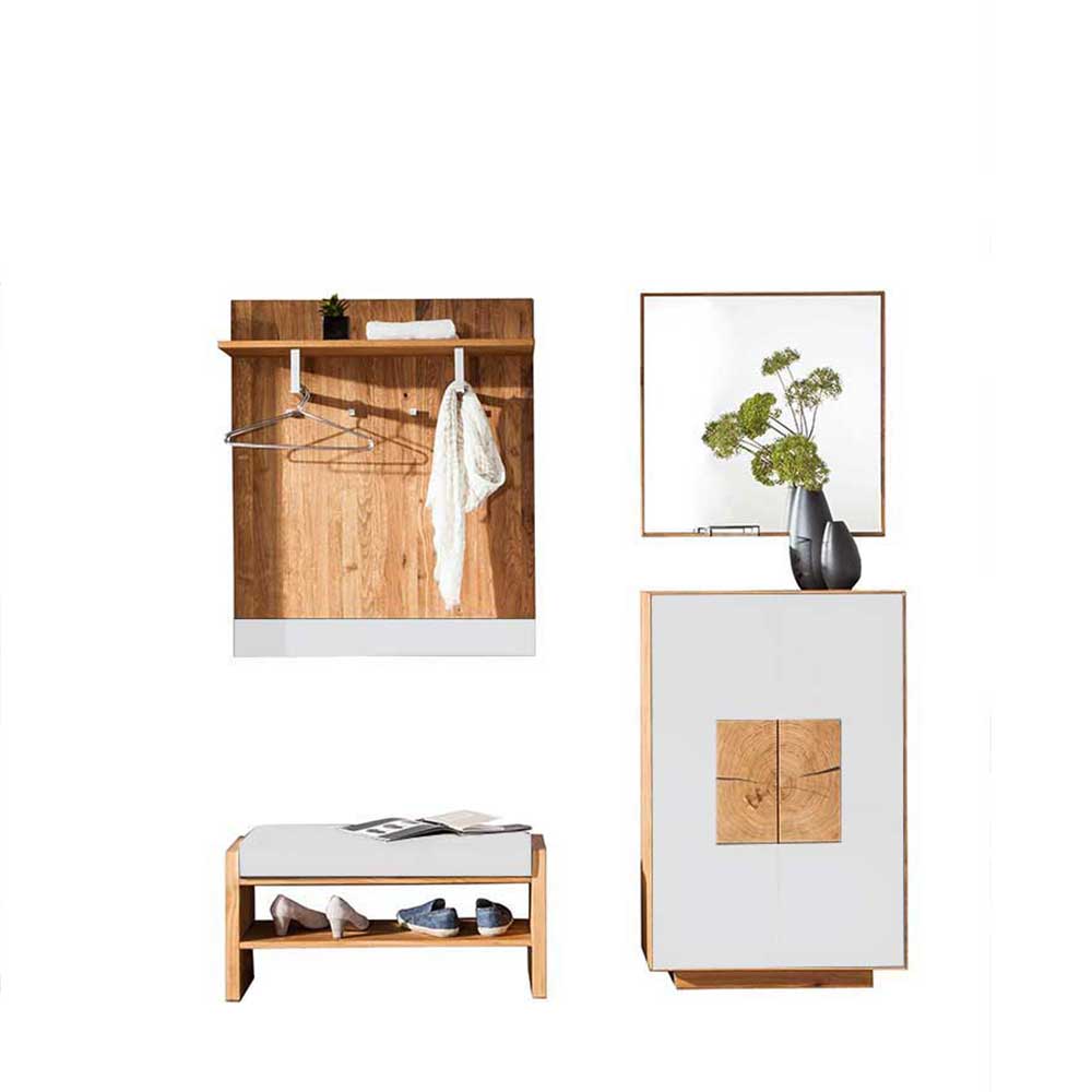 Vierteiliges Flur Designmöbel-Set mit Garderobe, Schuhbank, Spiegel und Hochschrank in Weiß und Eiche – Mandrey