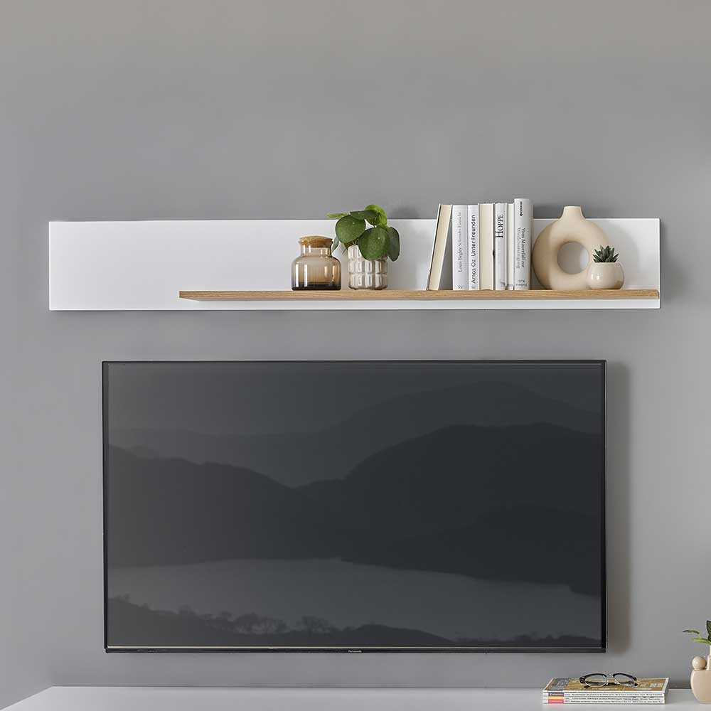 Modernes weißes Wandregal mit Holzablage für Bücher und Dekoration, Teil des Wohnzimmer Sets – Nenaloro
