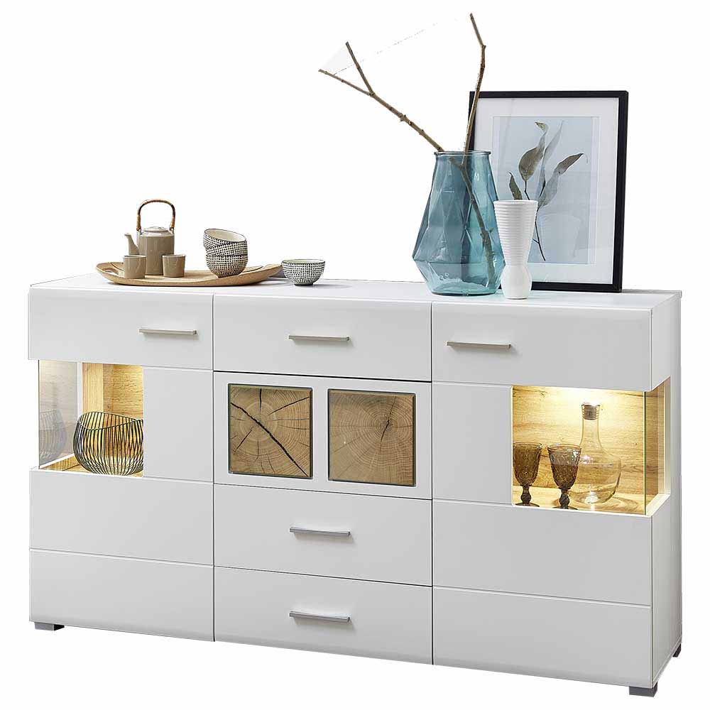 Elegantes weißes Design-Sideboard mit LED-Beleuchtung, Glasvitrinen und Holzdetails – Lisepio