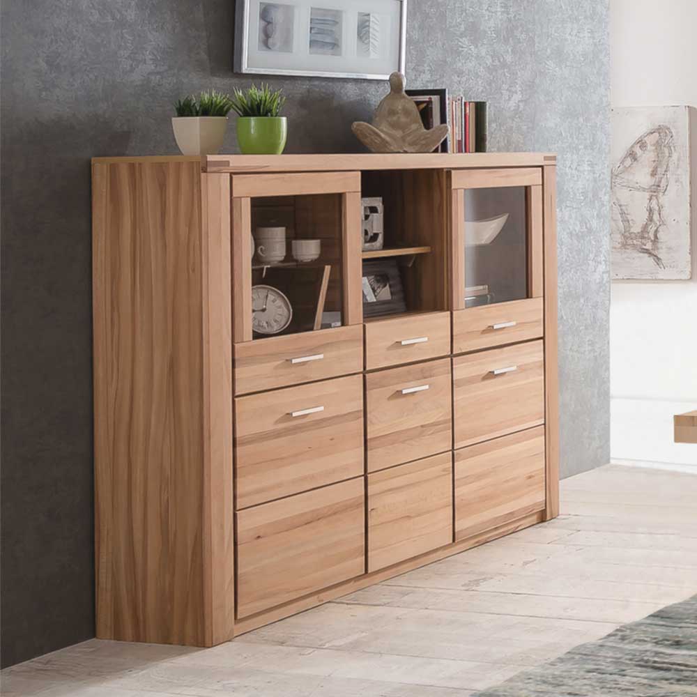 Kernbuche Highboard 5-türig mit Glasvitrinen und Schubladen, natürliche Holzmaserung – Uhelia