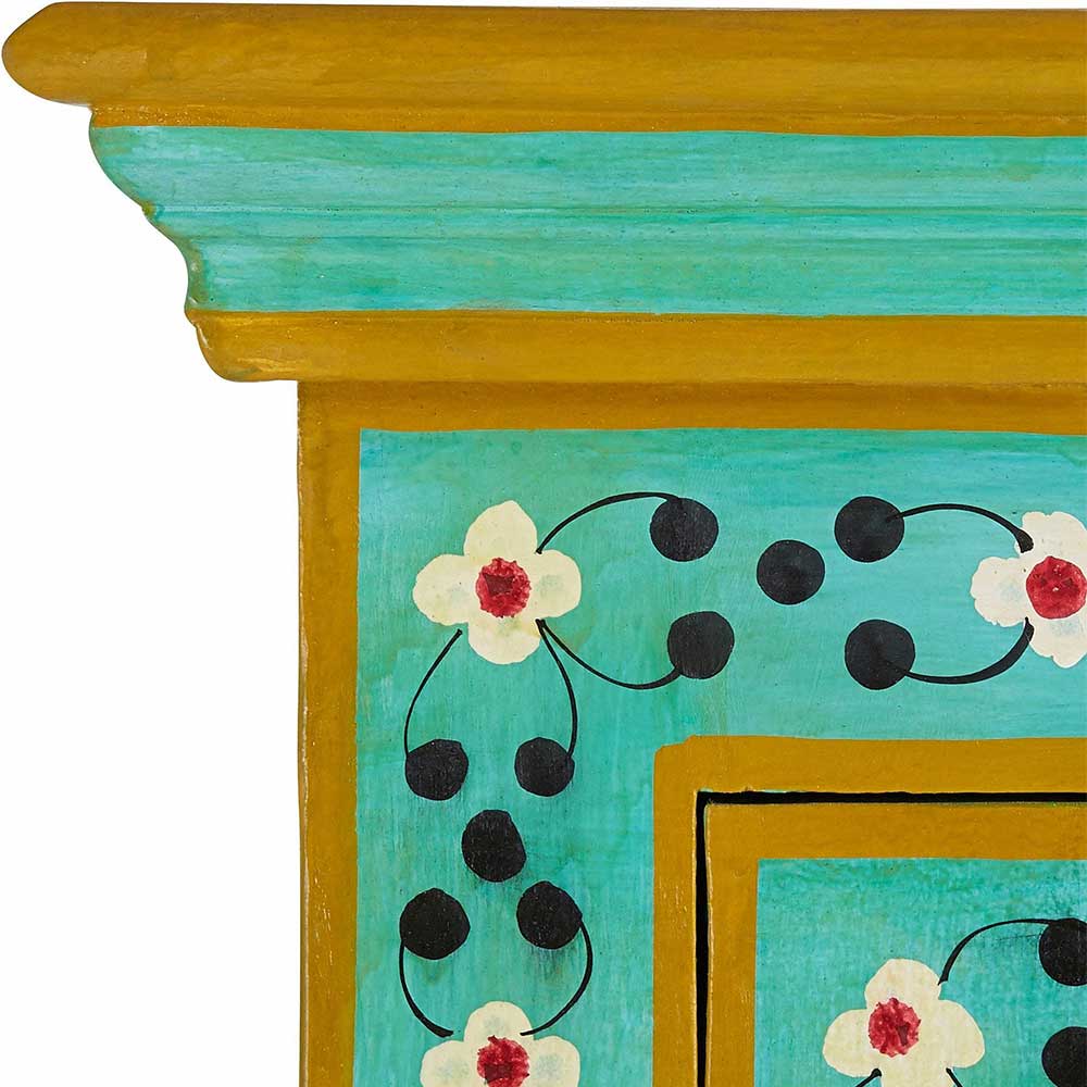Oberer linker Bereich vom bemalten Holzschrank mit Blumenranken und goldenen Akzenten – Lennlo
