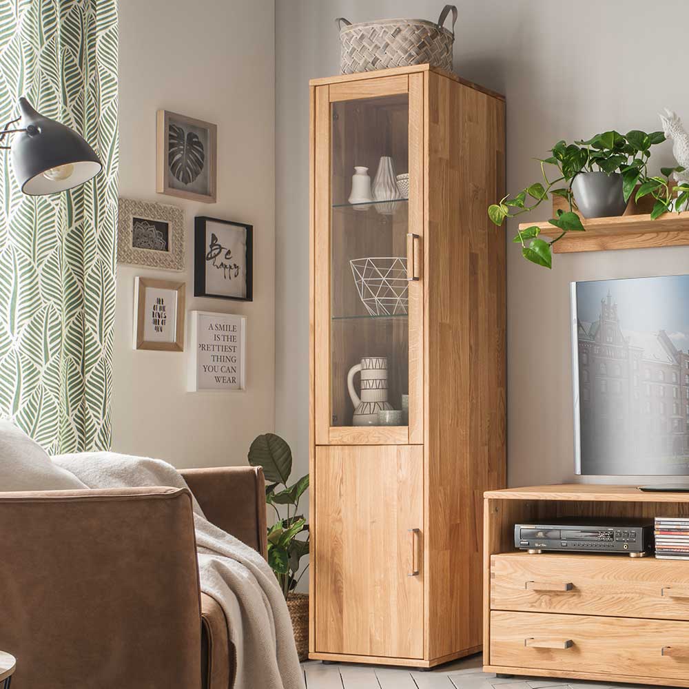 Hoher Vitrinenschrank aus massiver Eiche mit Glastür und Holztür für das Wohnzimmer – Teano