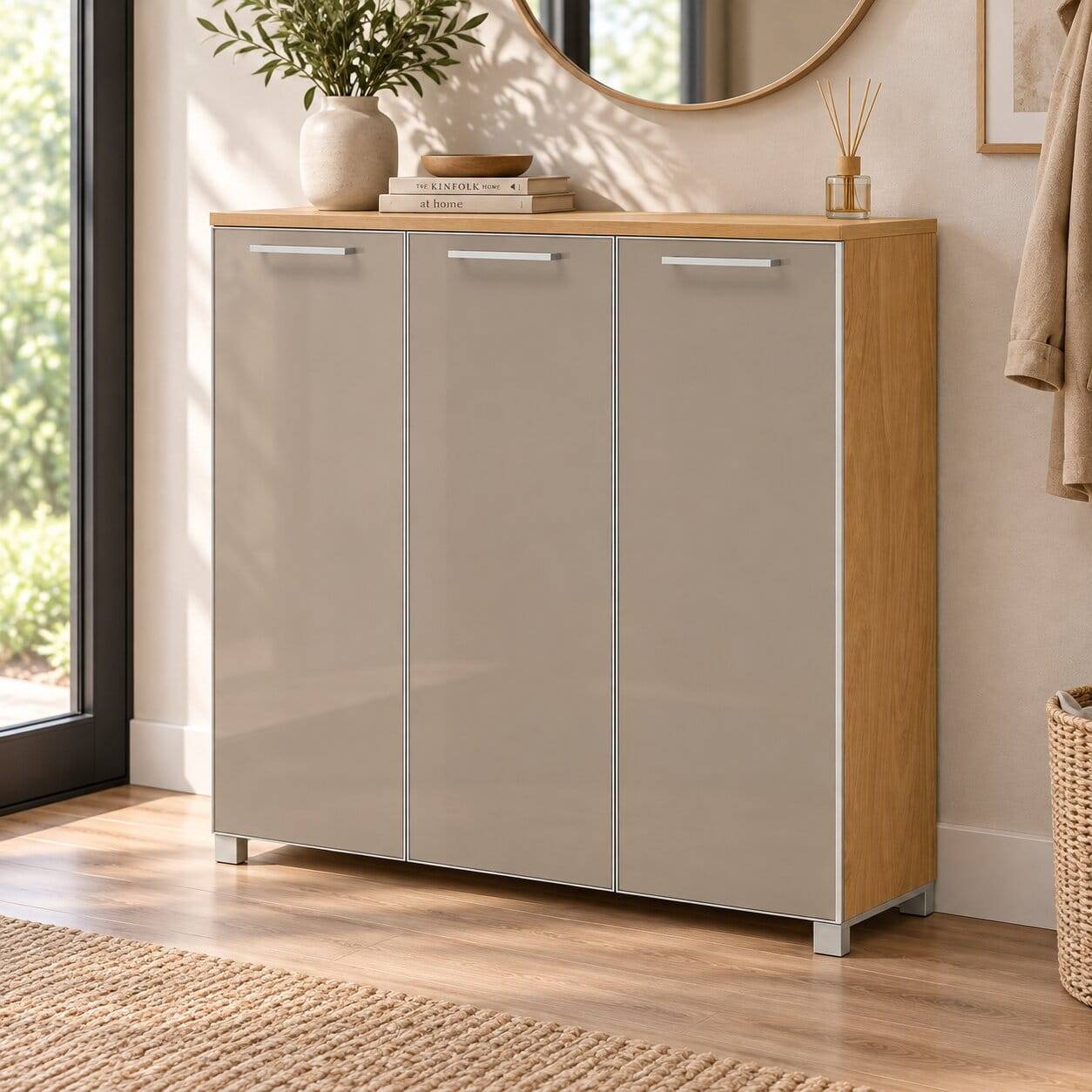 3 türiger Schuhschrank Diecca in Taupe Glas beschichtet