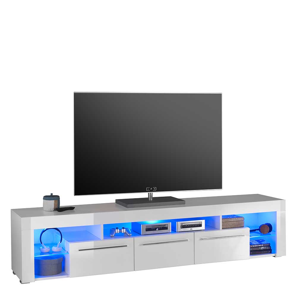 Modernes weißes Hochglanz TV Board mit LED Beleuchtung und Stauraum für Media Geräte – Verella