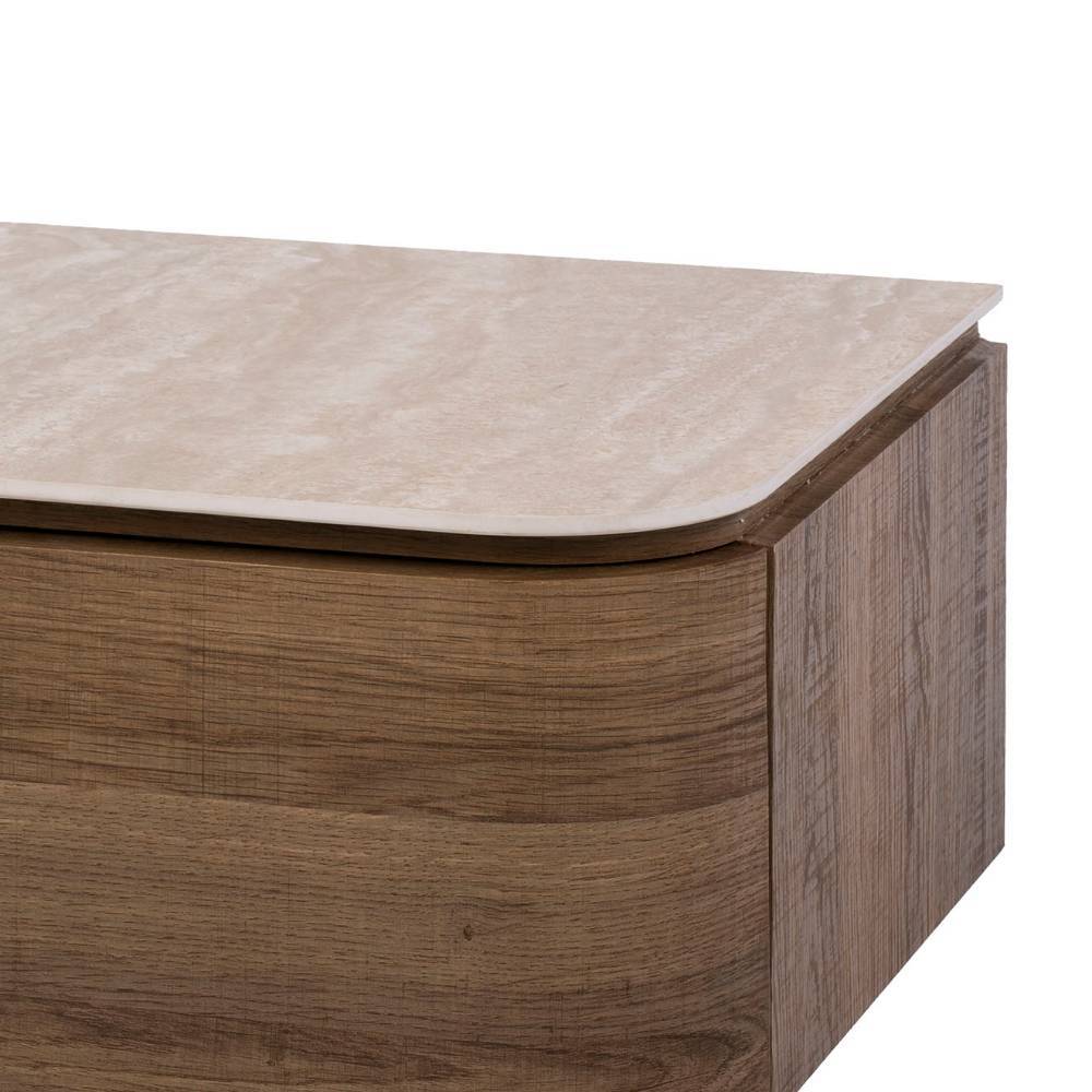 Schwebender Nachtschrank Eiche Holzdekor mit heller Steinplatte für das Bett – Sieno