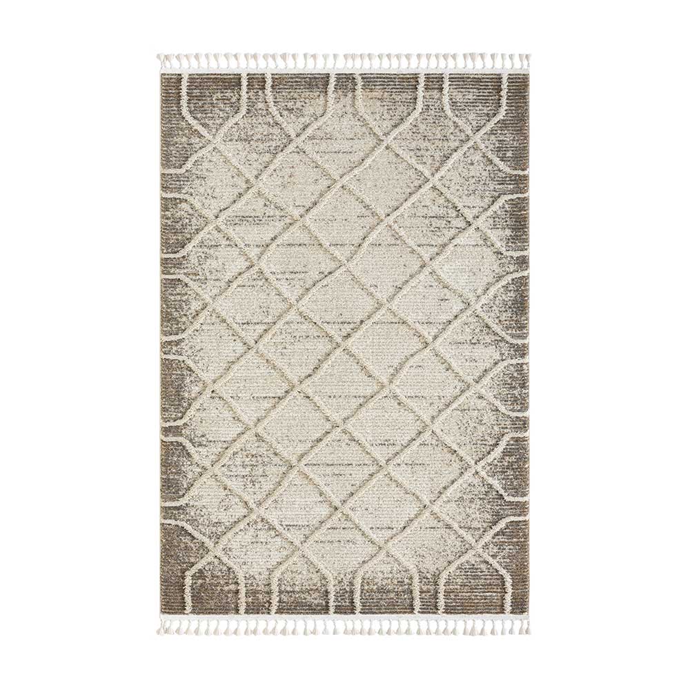 Beige und brauner Teppich mit geometrischem Rautenmuster und Fransen – Freshna