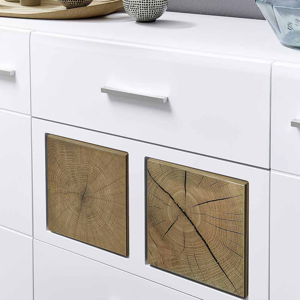 Weißes Sideboard Schubladen mit silbernen Griffen und dekorativen Holzscheiben-Einsätzen – Lisepio