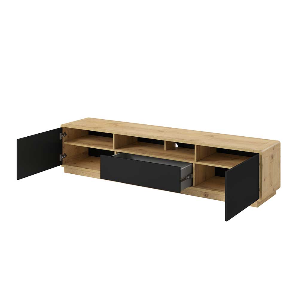 TV Lowboard 200cm mit geöffneten Türen und Schublade, viel Stauraum in Schwarz – Ilunas