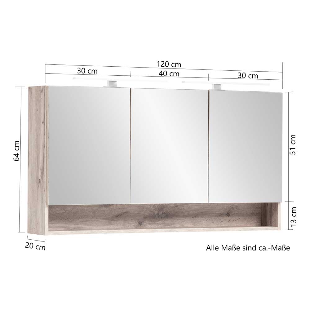 Spiegelschrank 120 cm breit mit 3 Spiegeltüren, offenem Fach und Maßen in Eiche Optik – Tofias