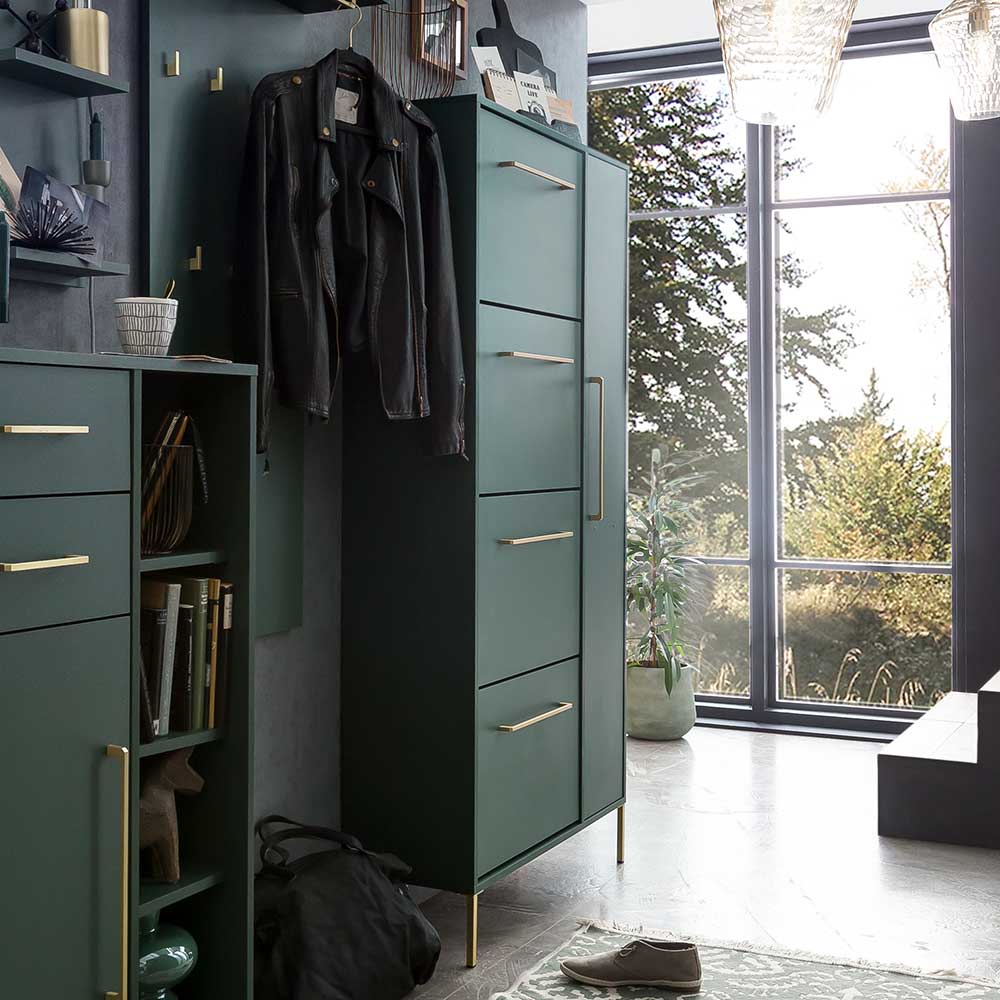 Dunkelgrüner Schuhschrank mit goldenen Griffen als Flurmöbel – Aqua