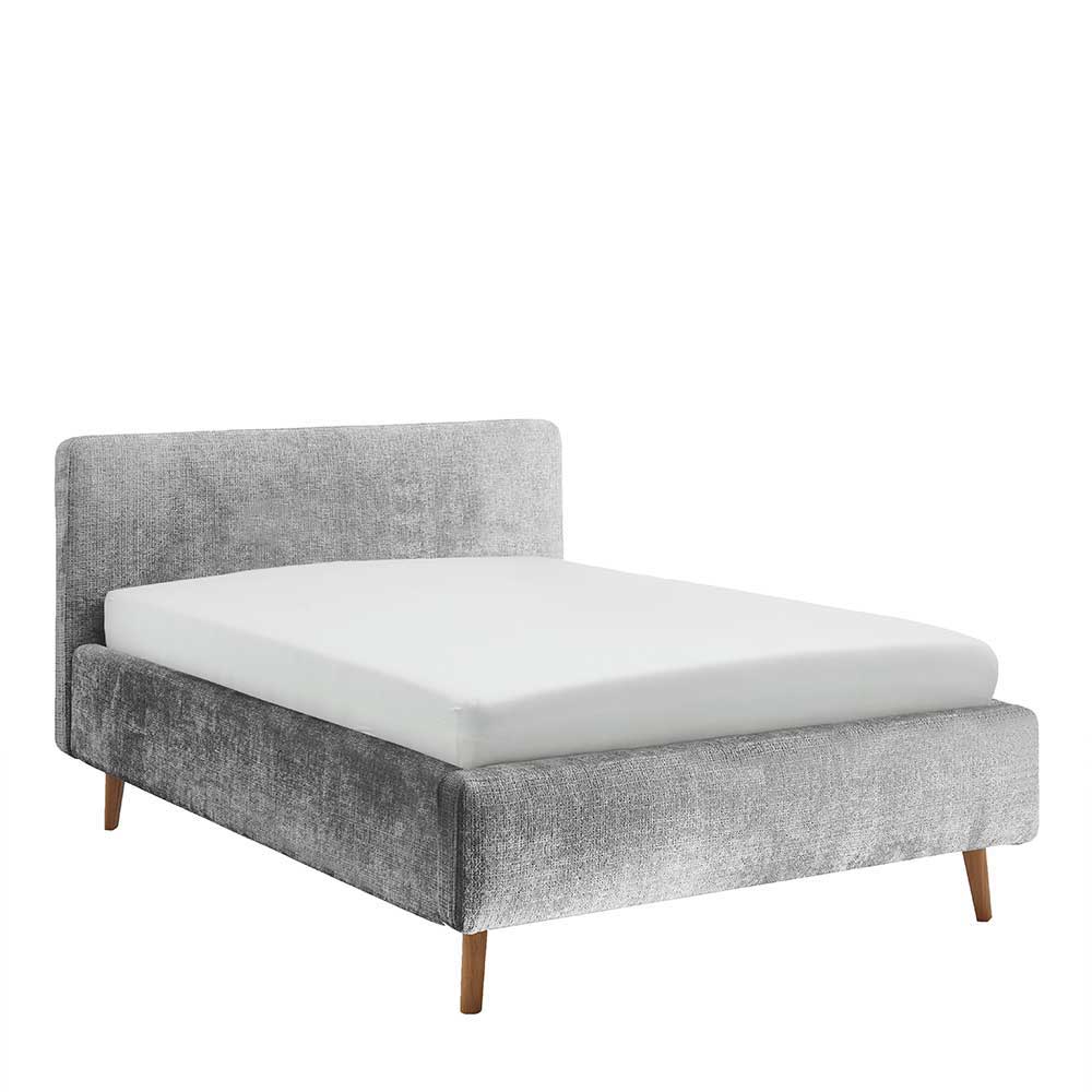 Graues Polsterbett mit Boucle Bezug und Holzfüßen - Endrov