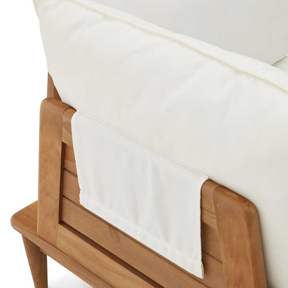 Eckelement Modulsofa aus Teak Massivholz mit weißem Stoffbezug und praktischem Seitenfach – Palm