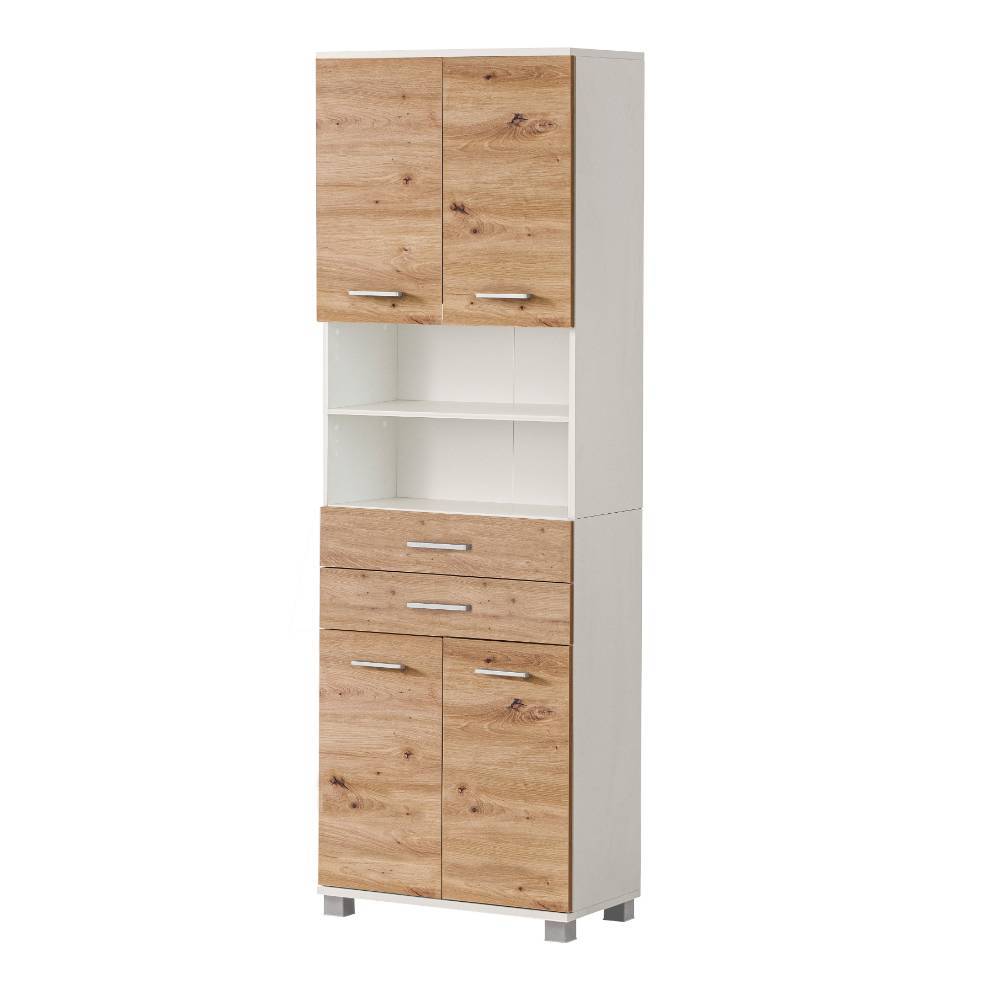 Hoher Badschrank mit Türen, offenen Fächern und Schubladen in Wildeiche Optik und Mattweiß – Tolucara