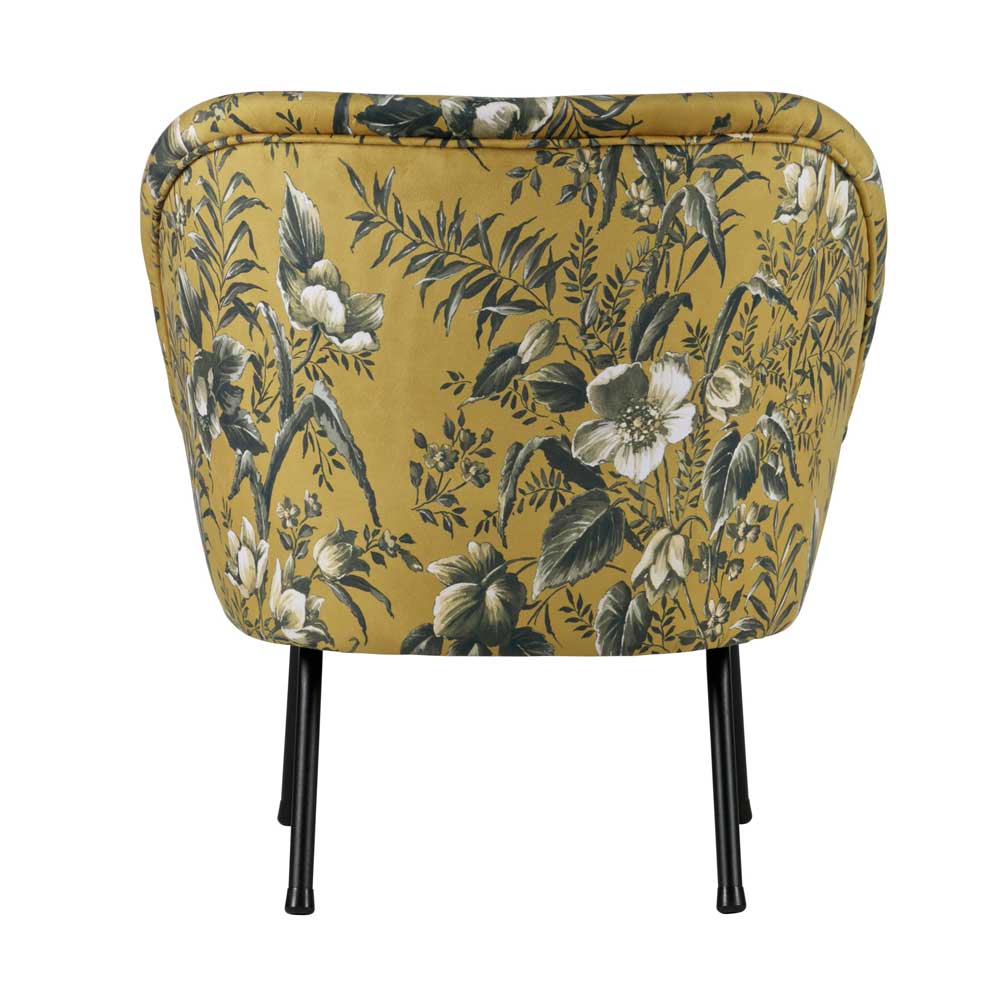 Rückansicht des gelben Polstersessels mit Blumenprint und schwarzen Metallbeinen – Citylife
