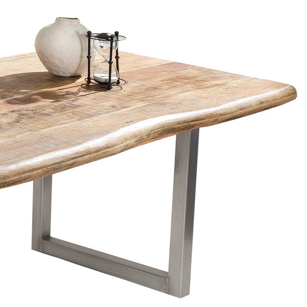 Esszimmertisch mit rustikaler Mangoholz Baumkante und modernem Edelstahl U-Gestell – Matic