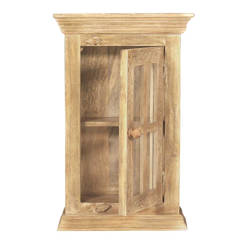 Landhaus Hängeschrank mit geöffneter Glastür und Ablagefach aus Mangoholz – Runiasa