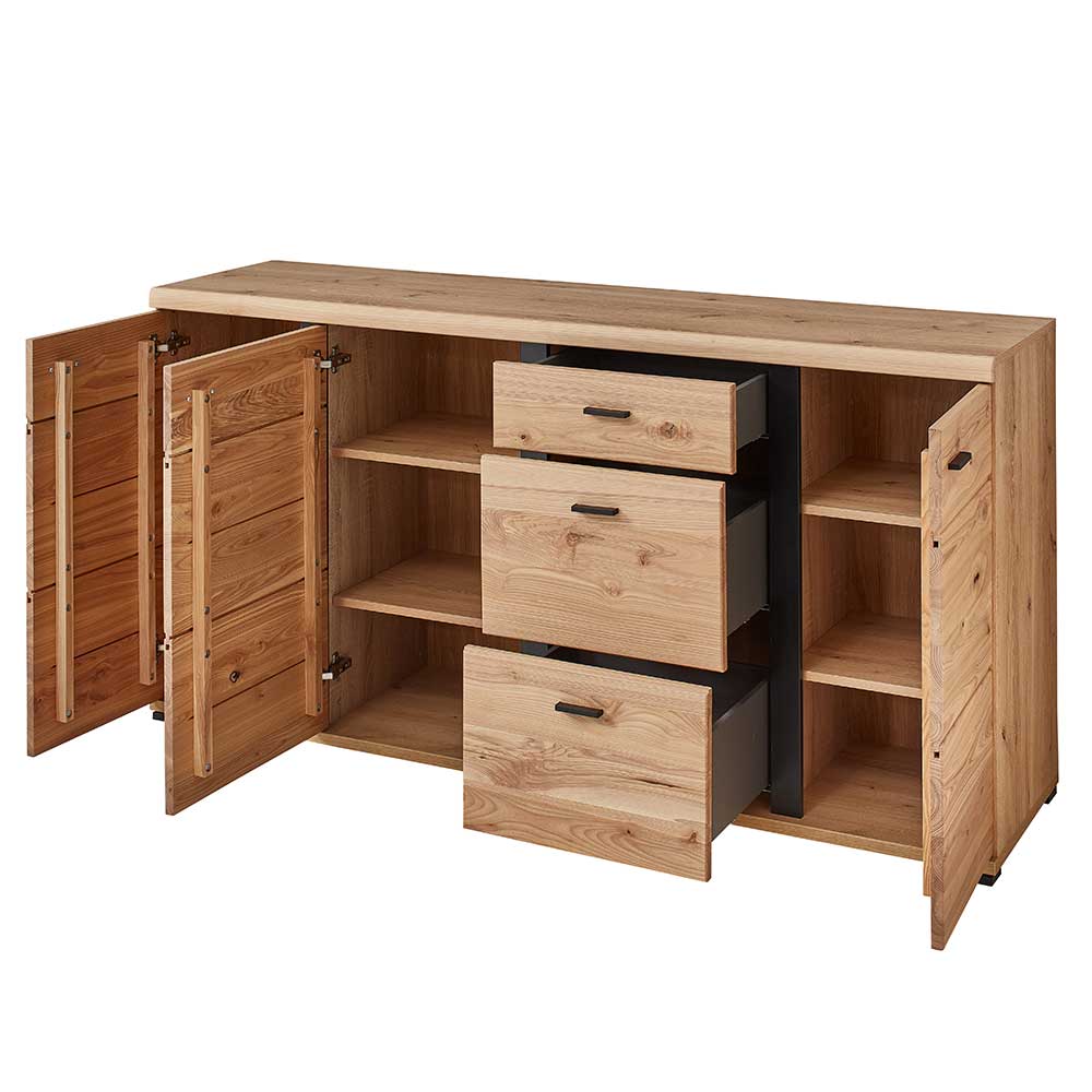 Geöffnetes Sideboard mit drei Schubladen und zwei Fächern für viel Stauraum – Latenda