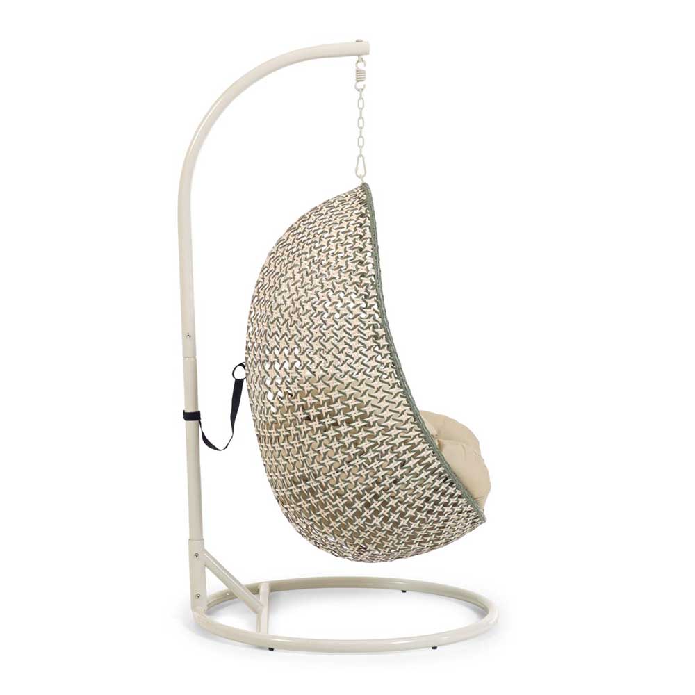 Hängesessel aus Kunstrattan in Beige-Grün mit Gestell und beigem Kissen für Garten und Balkon – Axinta