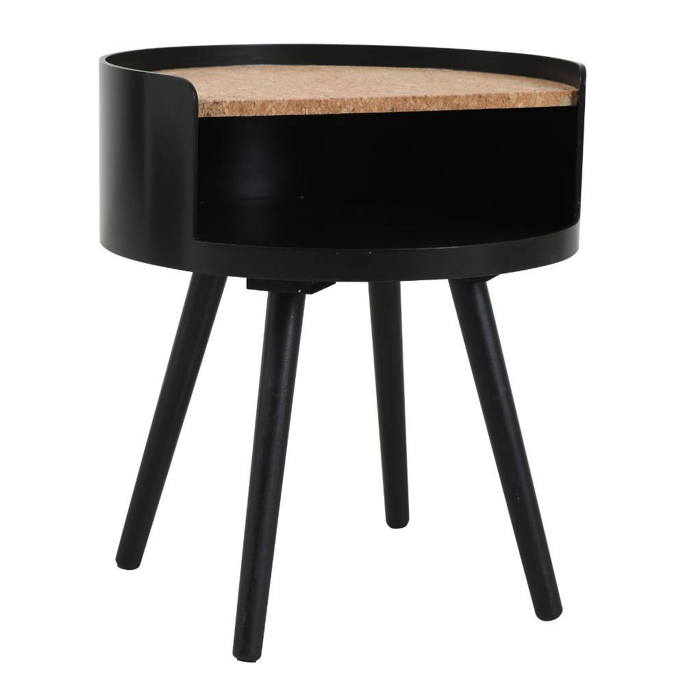 Schwarzer runder Design-Beistelltisch mit Korkplatte und dreibeinigem Metallgestell – Flacona