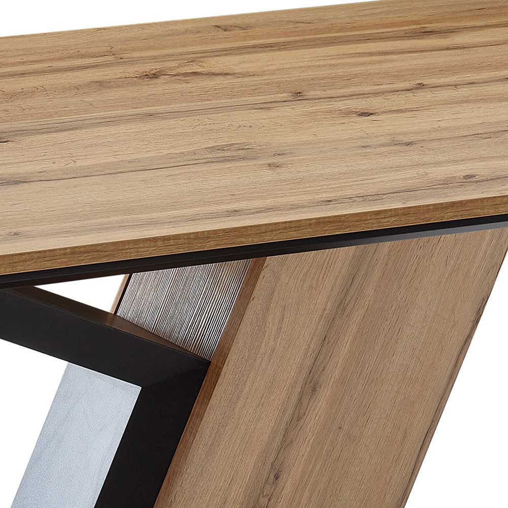 Esszimmertischplatte in Holzoptik Wildeiche mit schwarzem und holzfarbenem Säulengestell – Label