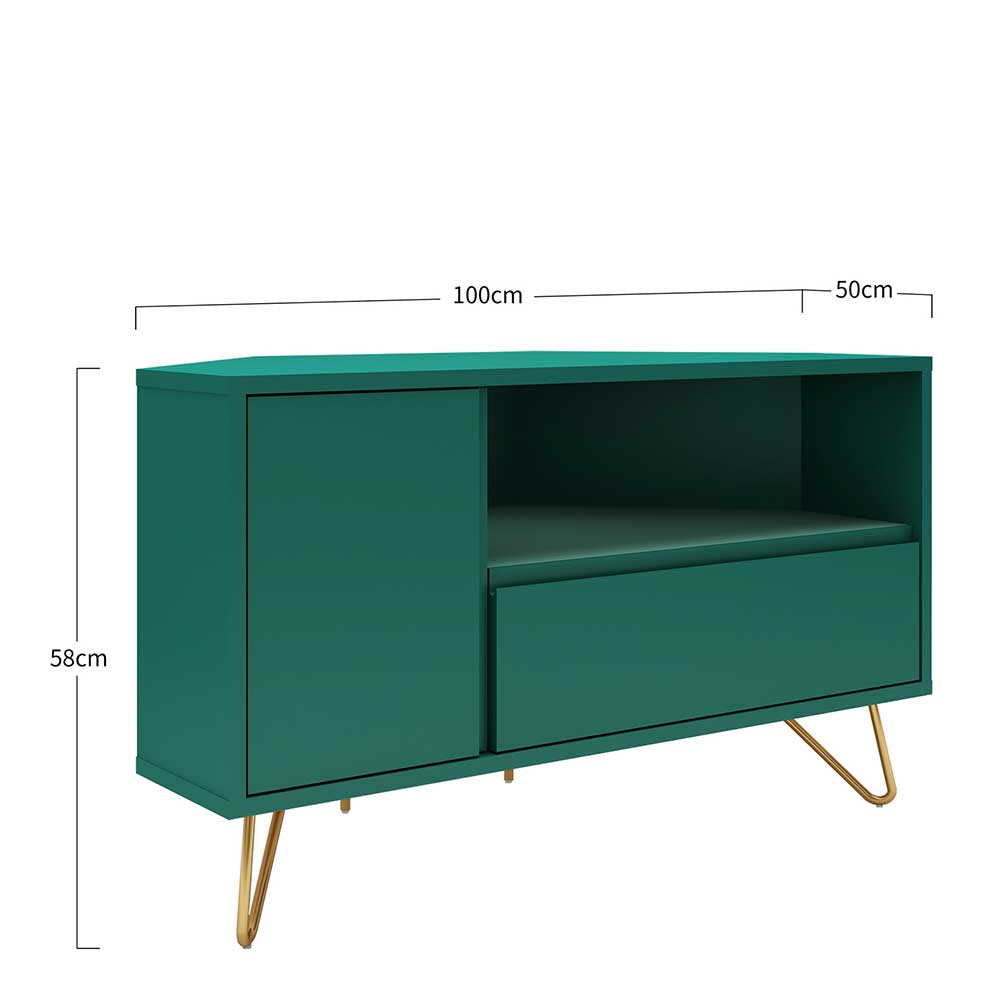 Grüner TV-Eckschrank mit Maßen: 100cm Breite, 58cm Höhe und 50cm Tiefe für das Wohnzimmer – Ricriava