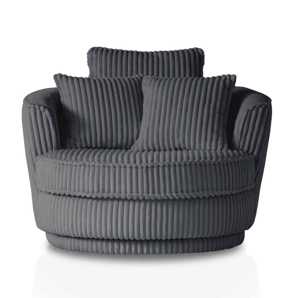 Dunkelgrauer drehbarer XL-Sessel aus Cordstoff mit zwei Kissen für das Wohnzimmer – Fassong