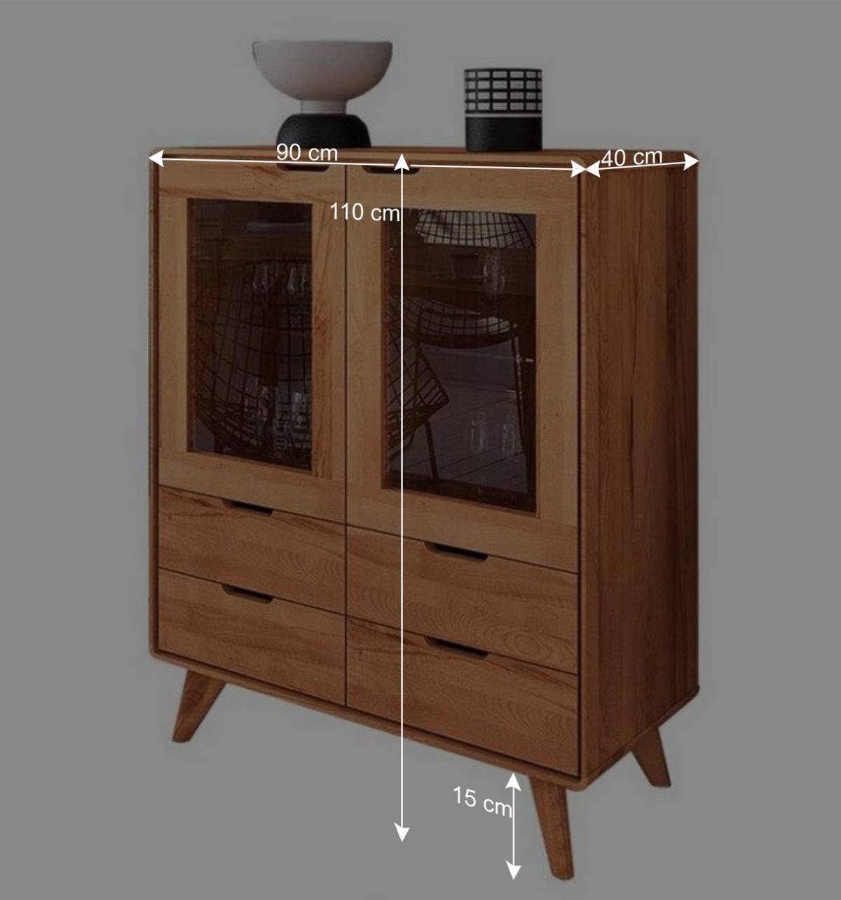 110 cm niedrige Holzvitrine aus Kernbuche - Junola