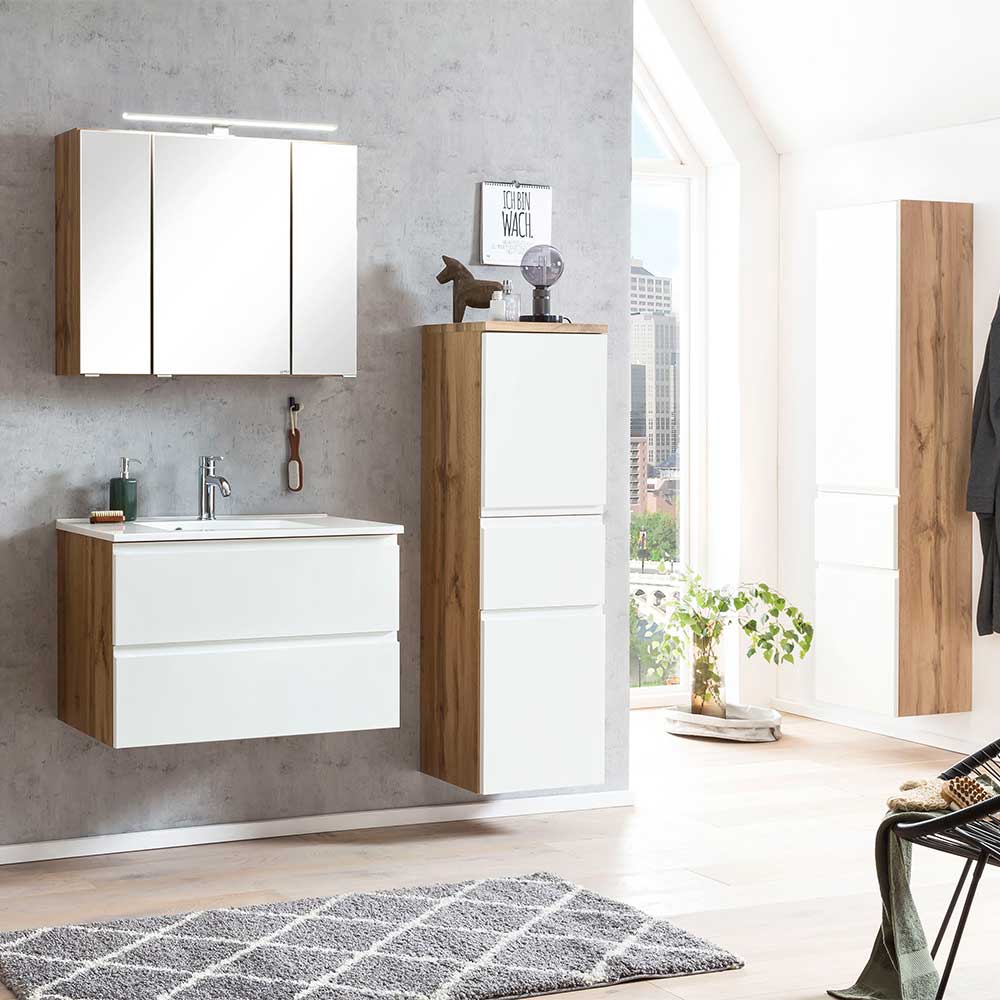 Badezimmer Midischrank in mattem Weiß & Wildeiche - Eight