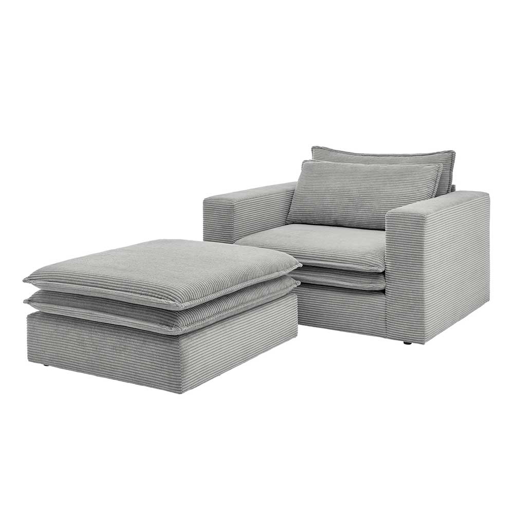 Graues Cord Polstersessel mit Hocker Set für das Wohnzimmer – Tessina