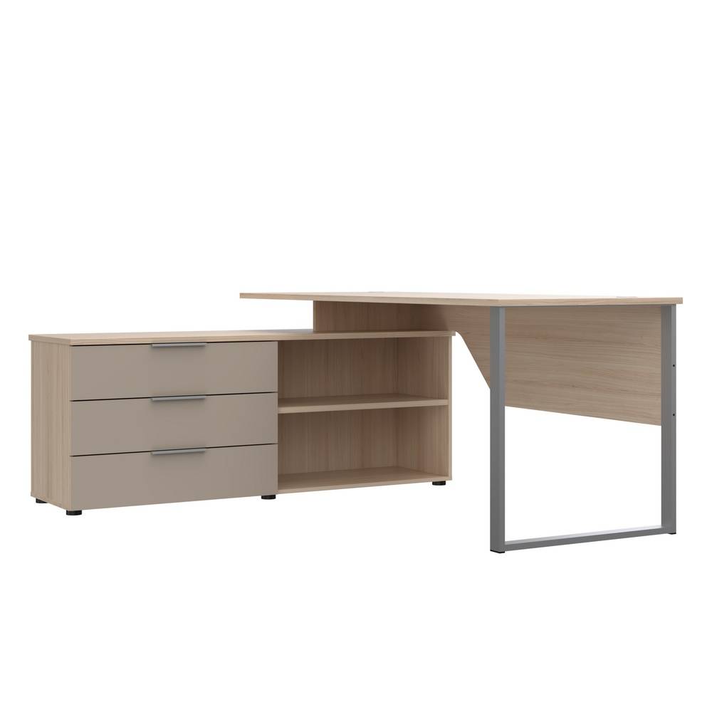 Moderner Schreibtisch mit hellbrauner Tischplatte, grauen Standfüßen und passendem Anbauschrank für das Arbeitszimmer – Jantala