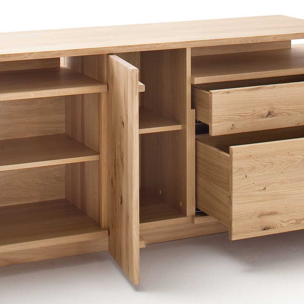 Eiche Bianco TV Sideboard mit offener Tür, Regalfächern und ausziehbaren Schubladen für Geräte – Crokas