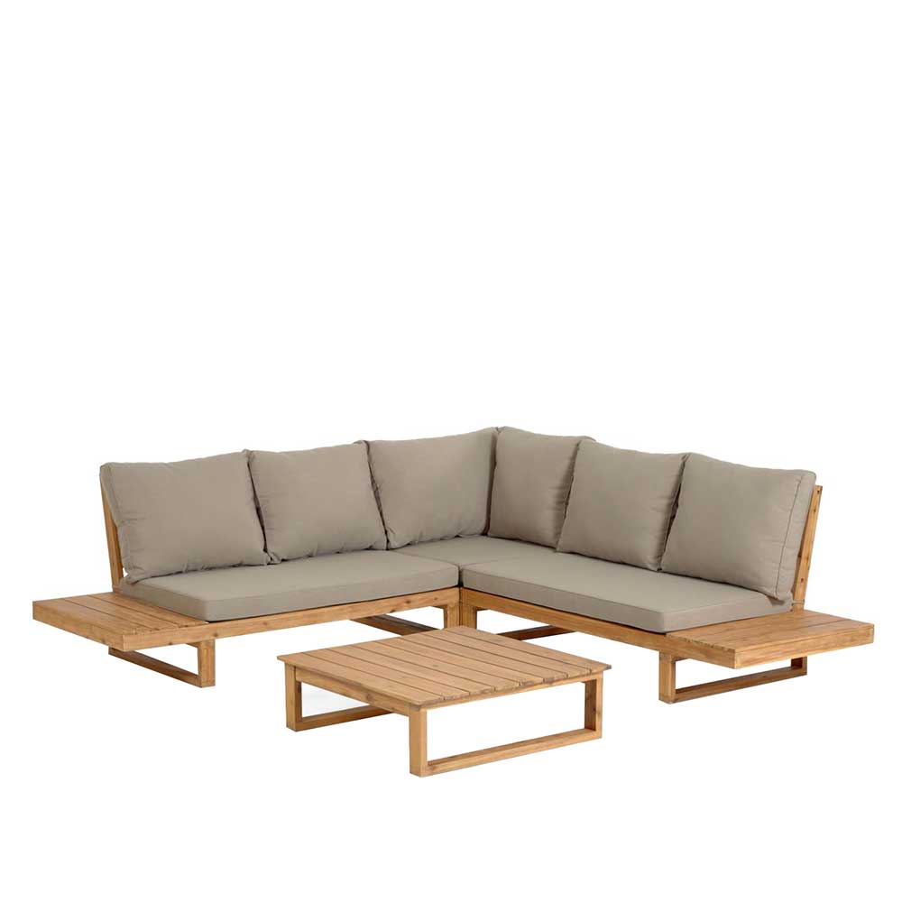 Akazien Garten Ecksofa mit grauen Kissen und passendem Gartentisch – Captino