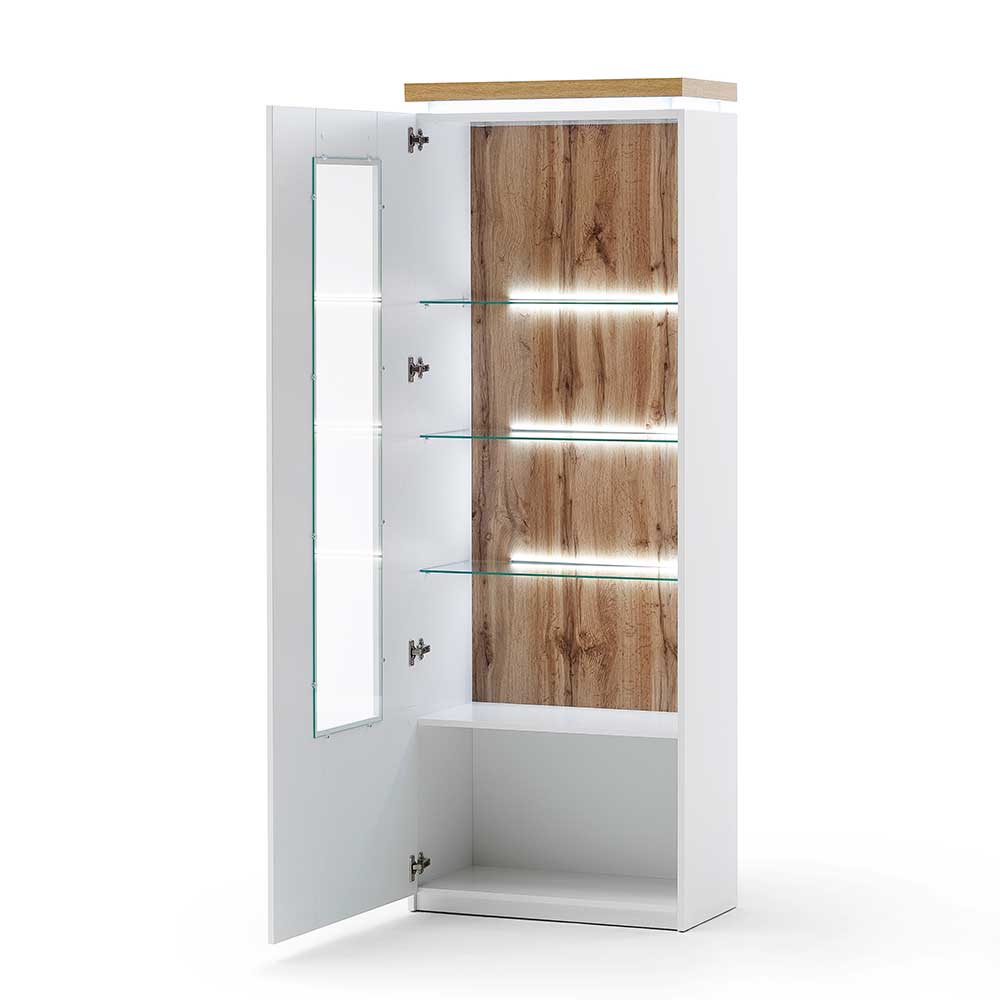 Offene Glasvitrine weiß mit Holzwand und LED-Beleuchtung, ideal für Wohnzimmer – Caldri