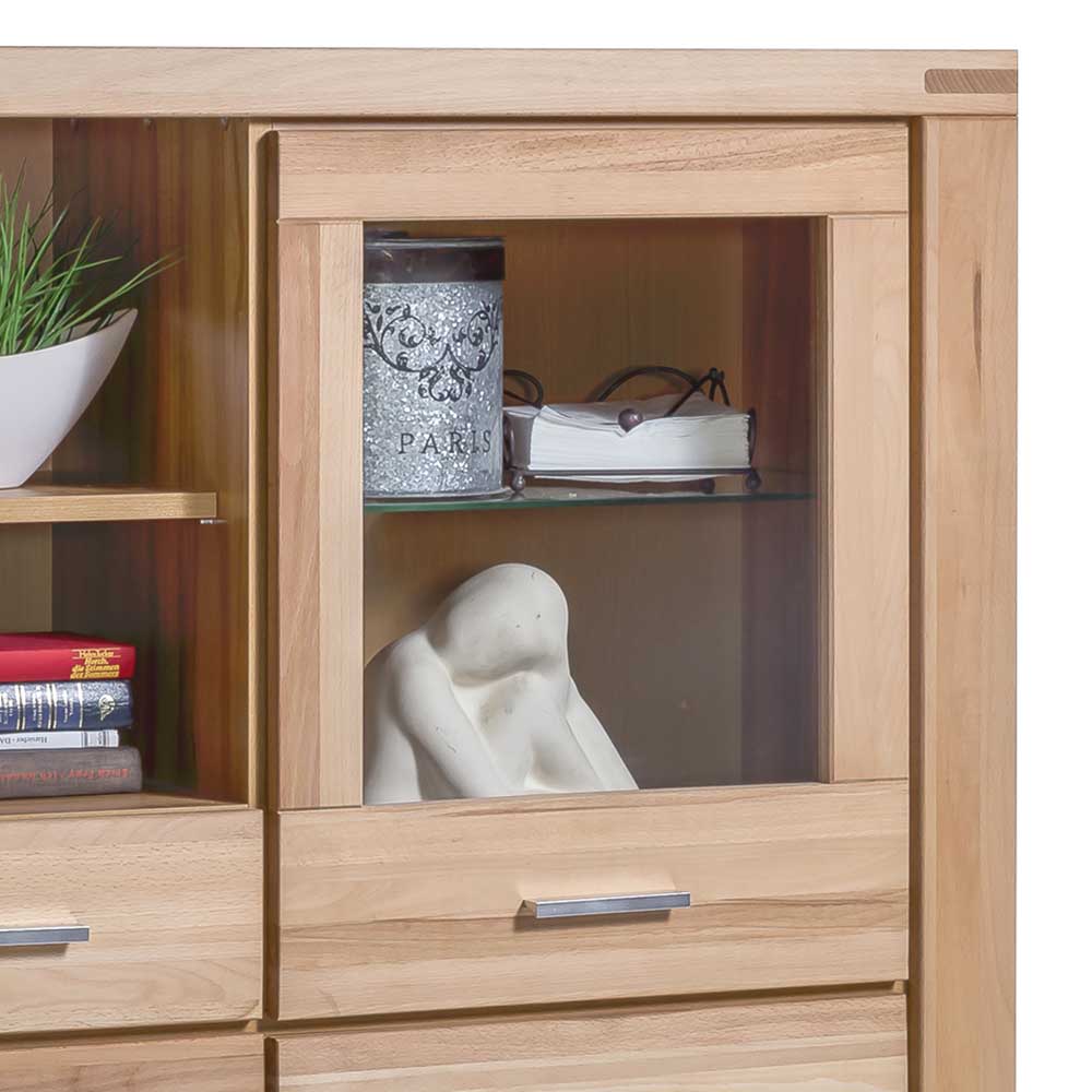 Glastür und Schublade des Kernbuche Highboards Uhelia, mit modernem Metallgriff – Uhelia