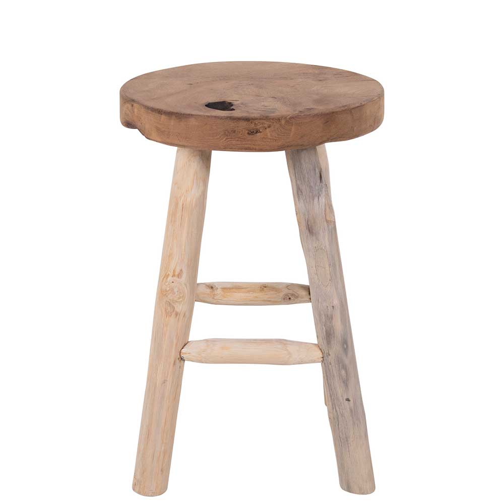 Rustikaler runder Holzhocker aus Teak Massivholz mit drei Beinen – Isabelona