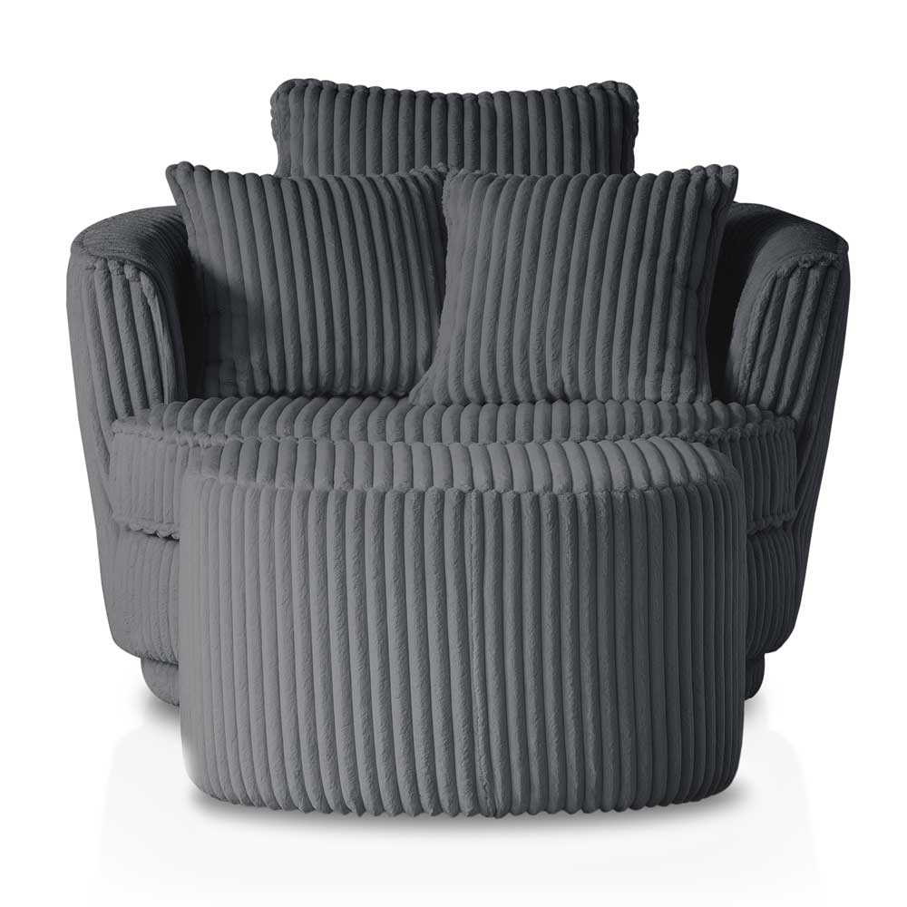 Anthrazitfarbener Big Sessel und passender Hocker aus geripptem Cordstoff von vorne – Fassong