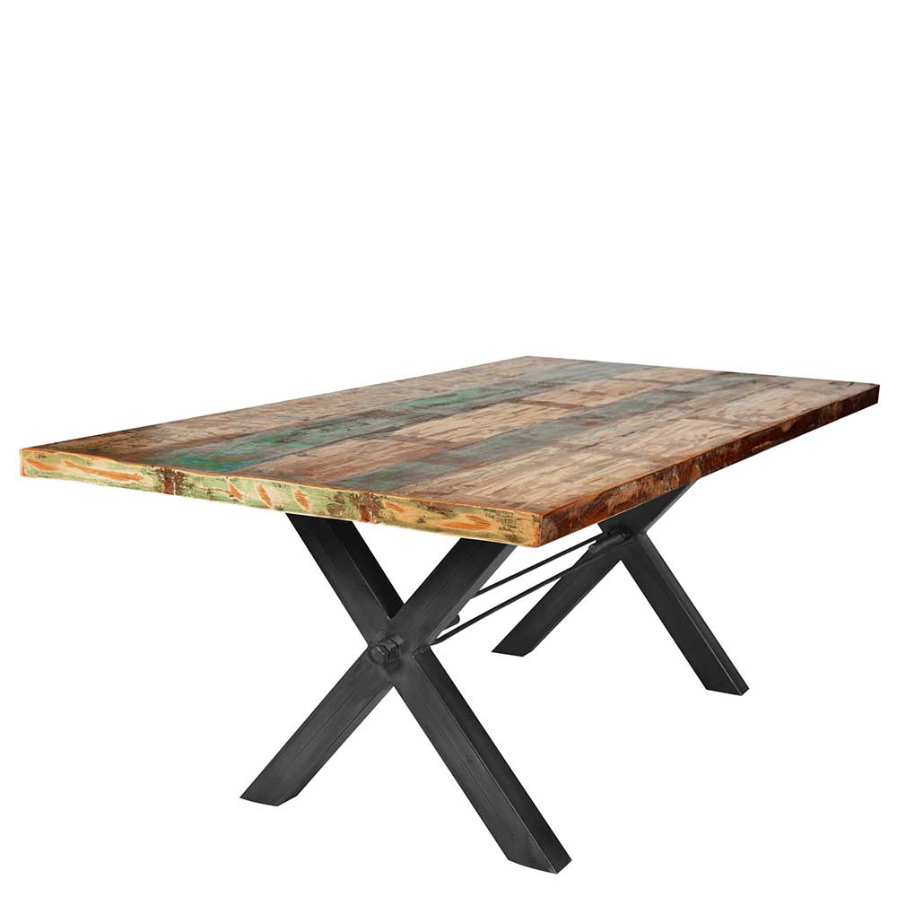 Esszimmertisch mit rechteckiger Shabby Chic Platte aus Massivholz und schwarzem Metallgestell – Mayo