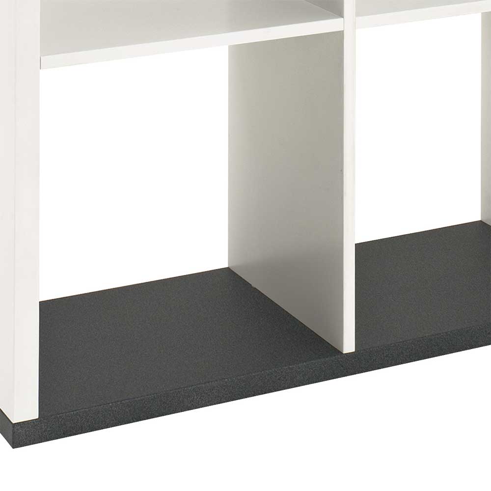 Unterer Sockel in Grau und offene weiße Fächer des flexiblen Raumteilers – Clarence